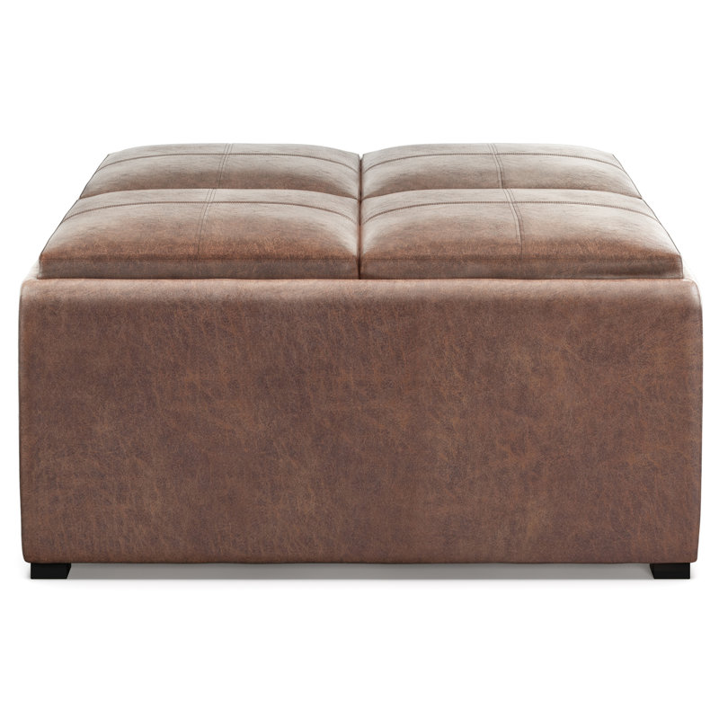 Avalon 35" Distressed Umber Brown Faux Leather Square Storage Ottoman