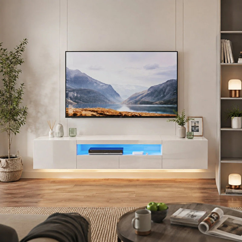 High Gloss TV Stand with Led Lights, Wall-mounted TV Cabinet up to 75", White