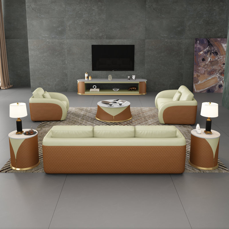 Ensemble de salon en cuir véritable 3 pièces Noir, Cuir véritable beige / cognac