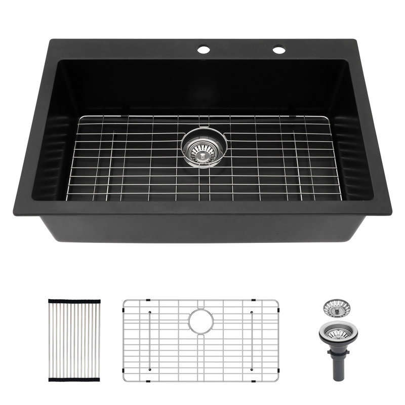33''L x 22''W Quartz Drop-In Kitchen Sink, Granite Composite Single Bowl Kitchen Sink with Sink Grid, Strainer and Roll-up Rack