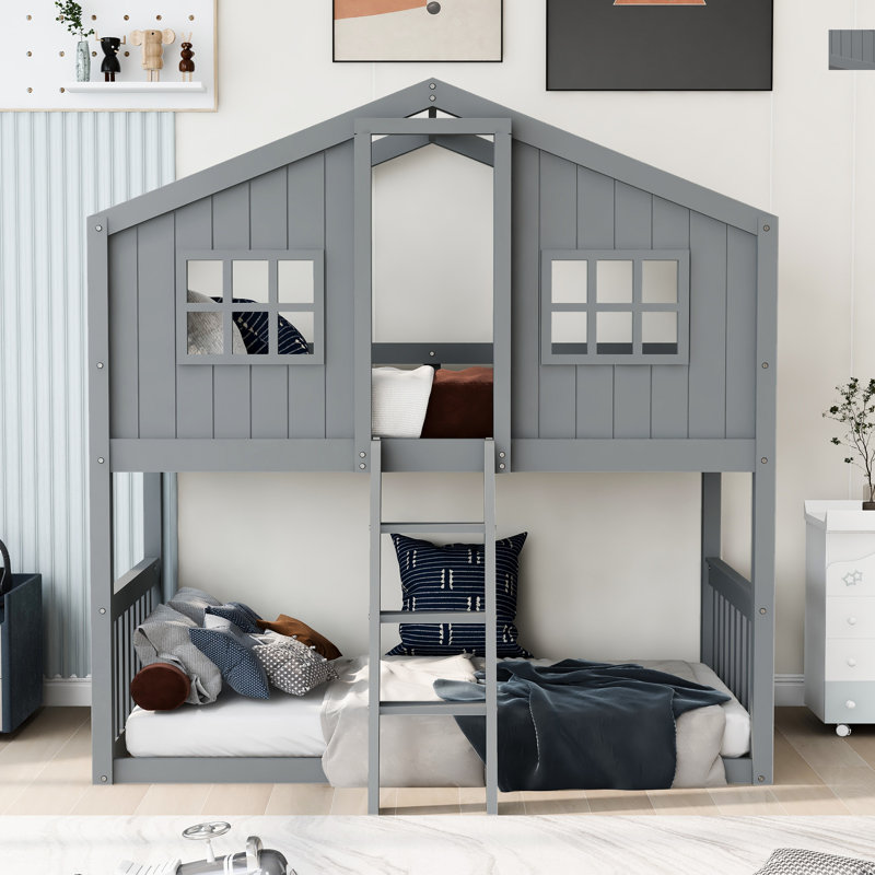 Twin Over Twin House-Shaped Bunk Bed, Gray