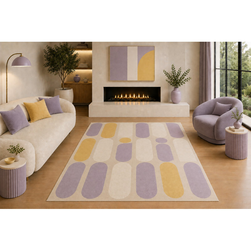 "Ultra léger" Tapis Mid-Century moderne géométrique 5 pi x 7 pi à motif de capsules rondes crème et lavande jaune