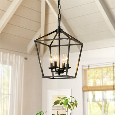 4-Light Lantern Geometric Chandelier in Matte Black