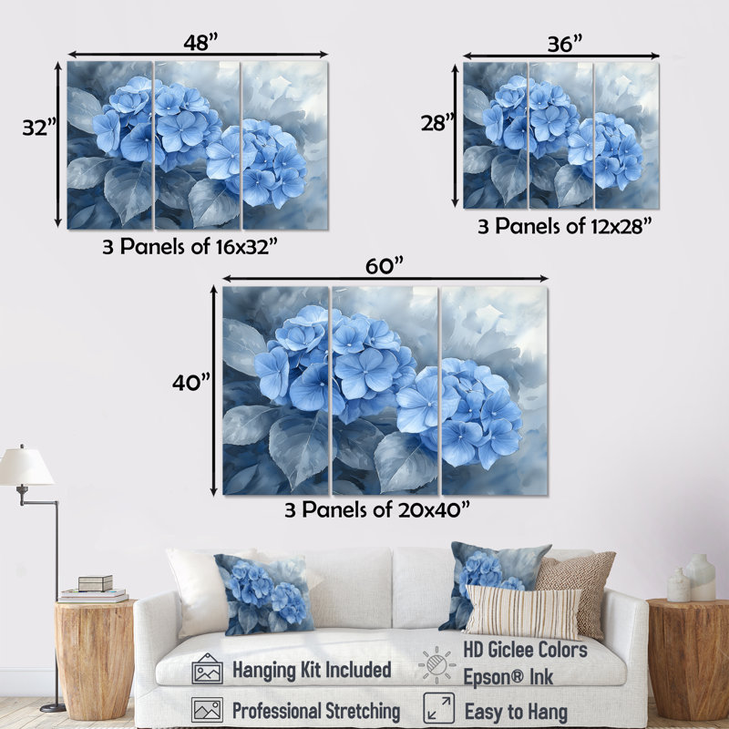Hydrangeas In Greyscale Garden II - Hydrangea Wall Art Decor - 3 Pieces, 40" H x 60" W, Toile tendue, Ne s’applique pas