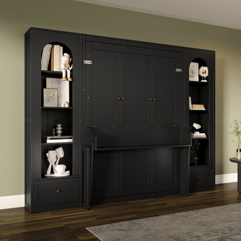 Grand lit escamotable avec tablettes, armoires latérales, tiroirs et DEL, lit plateforme mural avec bureau, noir