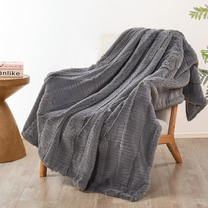 Sculpted Stripe Faux Fur Throw, Gray