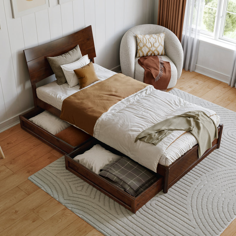Harlowe Wood Platform Bed with Storage Drawers, Très grand simple, Walnut