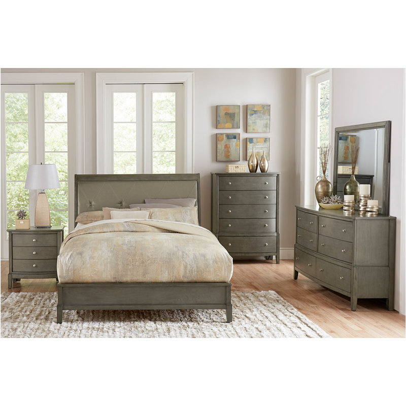 Ensemble de chambre à coucher 5 pièces Friley: lit, commode, miroir, table de chevet, commode, gris, Grand