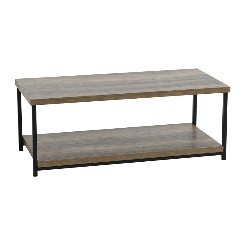 Rectangular Coffee Table with Storage Shelf in Rustic Wood Grain and Metal Frame Ashwood, Ashwood