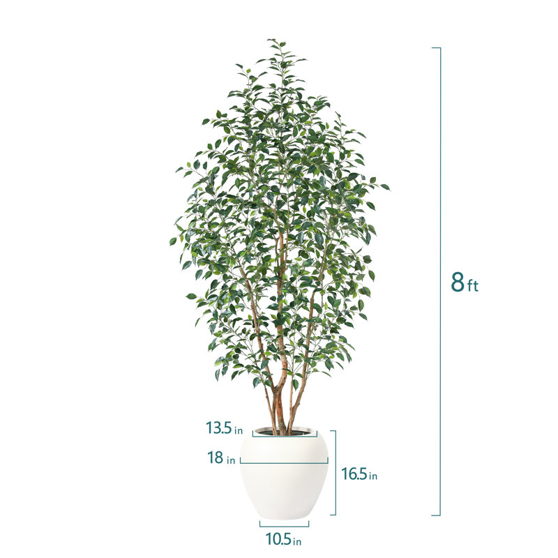 8ft Artificial Ficus Tree with White Tall Planter, Faux Ficus Tree with Natural Trunk