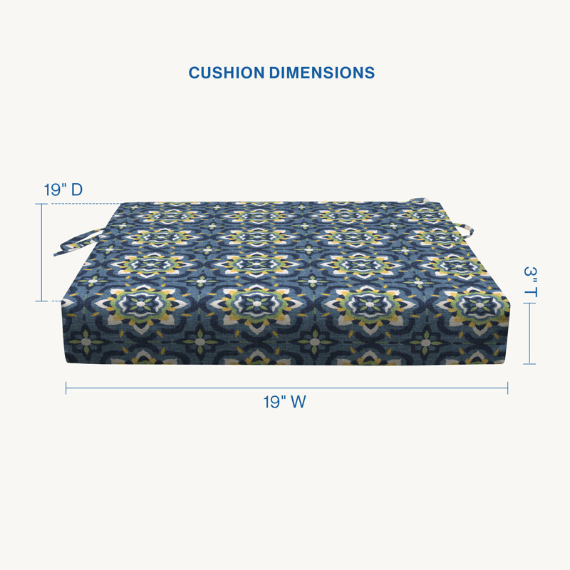 Meridian Outdoor Square Dining Seat Cushion, Seville Tile Azure, 3" H x 19" W x 19" D