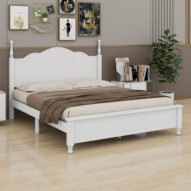 Structure de lit plateforme en bois, lit plateforme de style rétro avec support en lattes de bois, Blanc