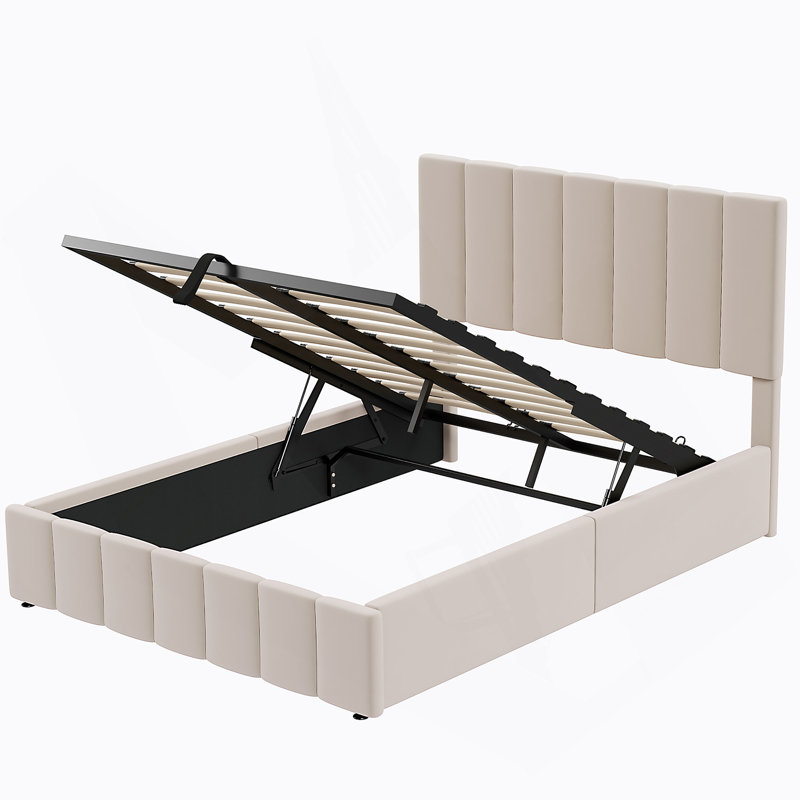 Lit plateforme double avec système de rangement hydraulique beige, Beige, Double