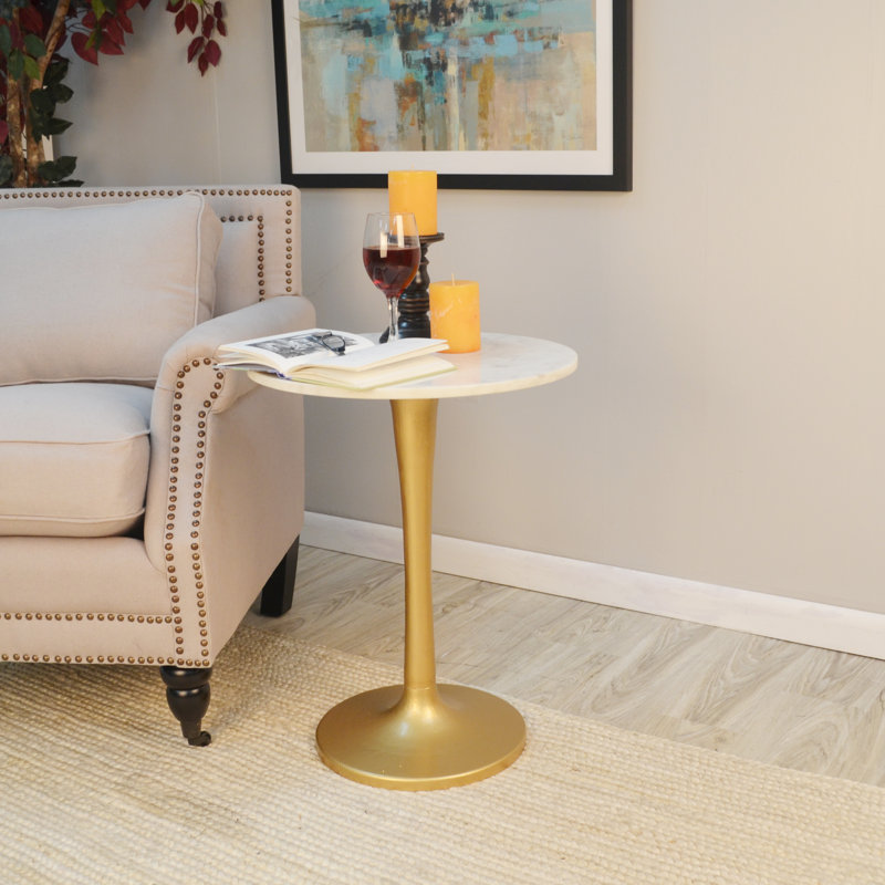 Table d'appoint ronde moderne blanche 19 po avec plateau en marbre et base en fer durable, Blanc / Doré