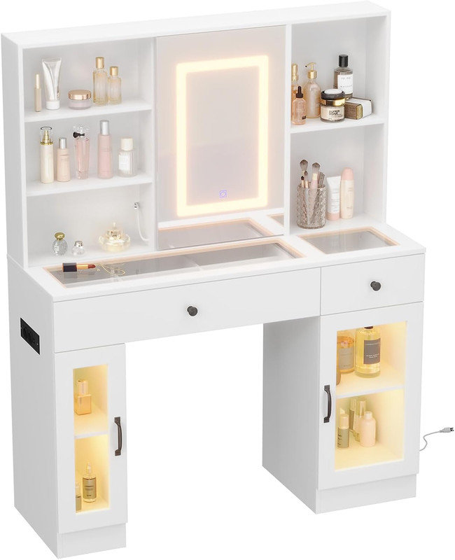 Grand bureau de coiffeuse à DEL avec miroir coulissant, prises USB et tiroirs de rangement, coiffeuse en panneau de fibres à densité moyenne