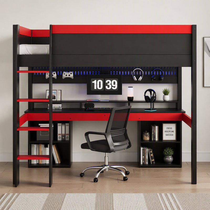 Lit mezzanine avec lumières DEL multicolores, panneau perforé et bureau de jeu intégré, Noir et rouge