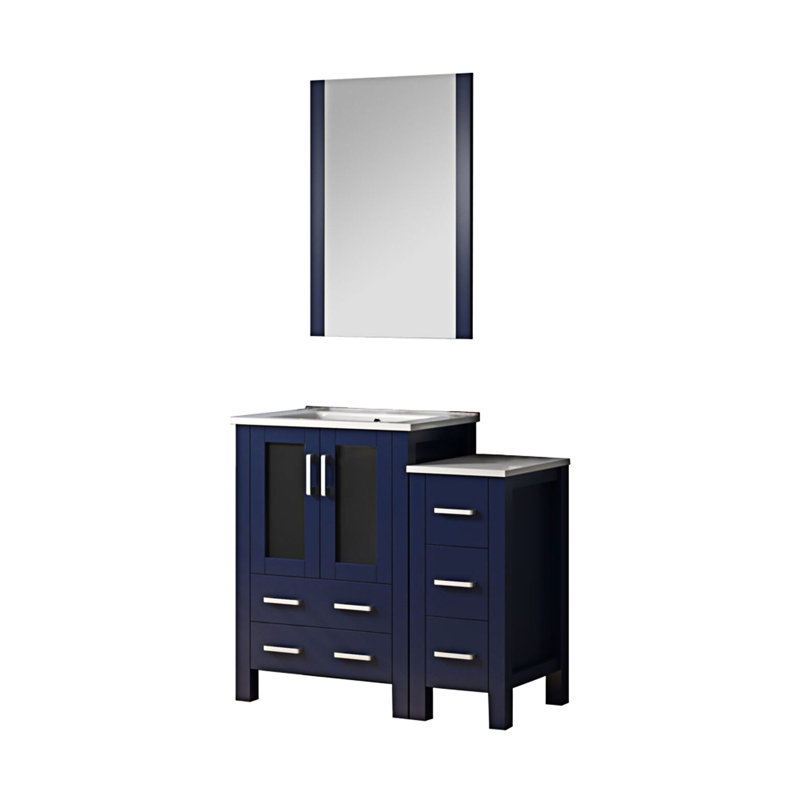 Meuble-lavabo de salle de bain en l X x P, avec armoire latérale, comptoir en céramique et miroir