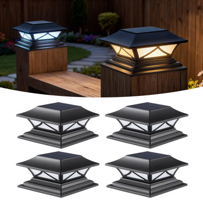 Lampadaire solaire (ensemble de 4) avec 2 modes de couleur, lumières de terrasse et de clôture imperméables pour poteaux en vinyle ou en bois 4 x 4, 5 x 5, 6 x 6