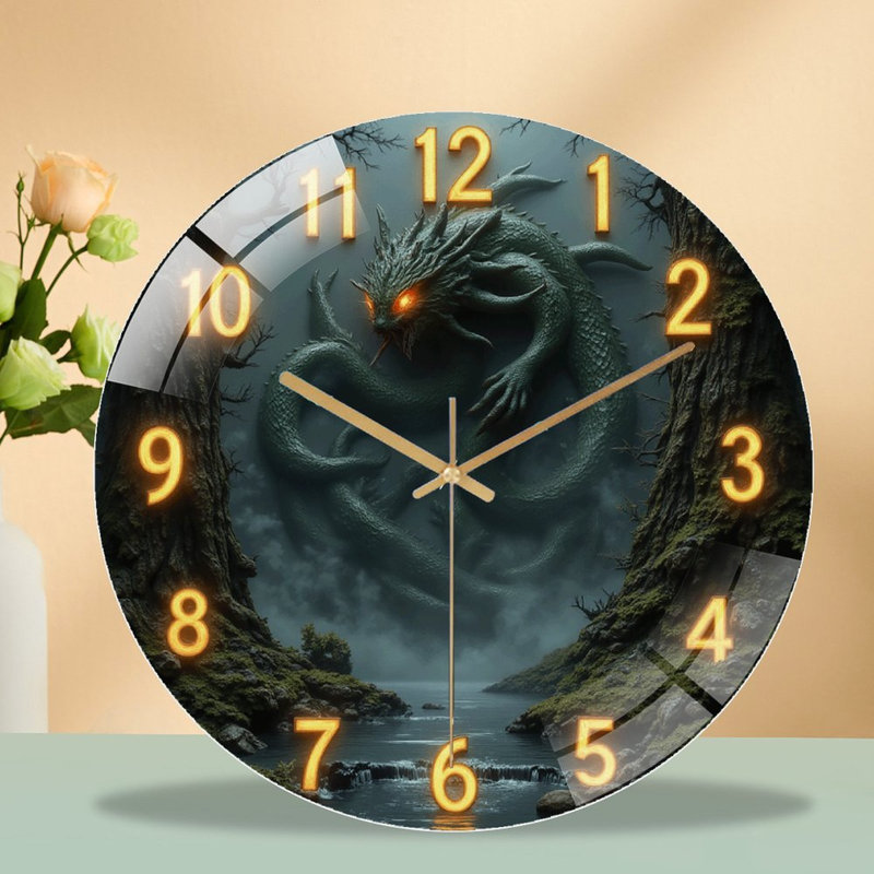 Horloge murale silencieuse en verre trempé de 30 cm, motif dragon, sans tic-tac, fonctionne avec des piles AA (non incluses), décoration artistique pour la maison