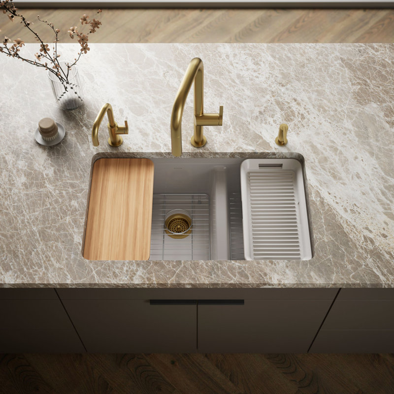 Riverby 33" undermount double-bowl workstation kitchen sink, Truffle