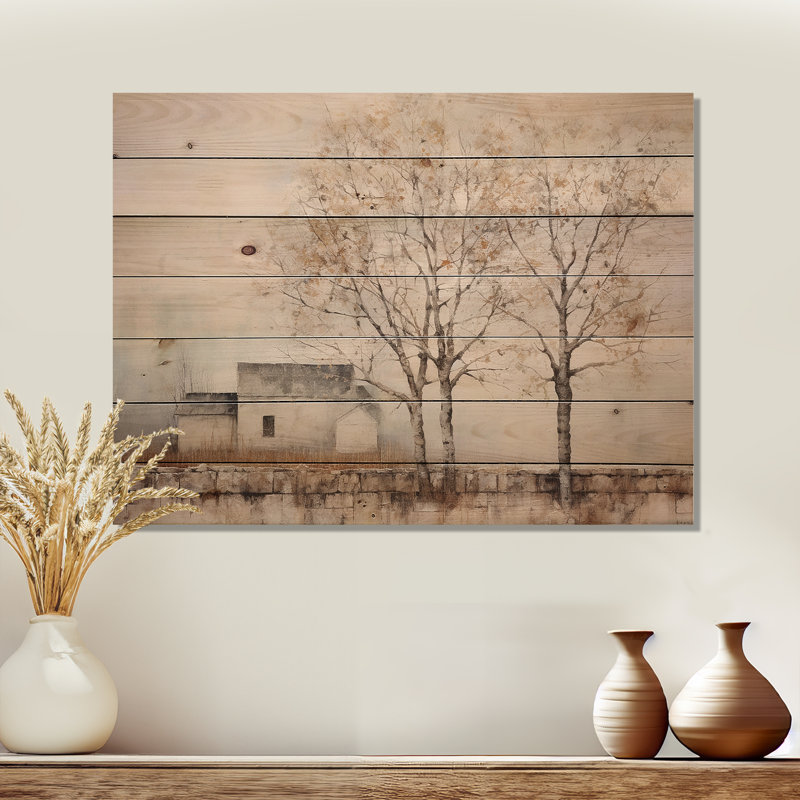 «Trees Farmhouse Still Life - Trees Wood», art mural sur bois de pin naturel, H 30 po x l 40 po