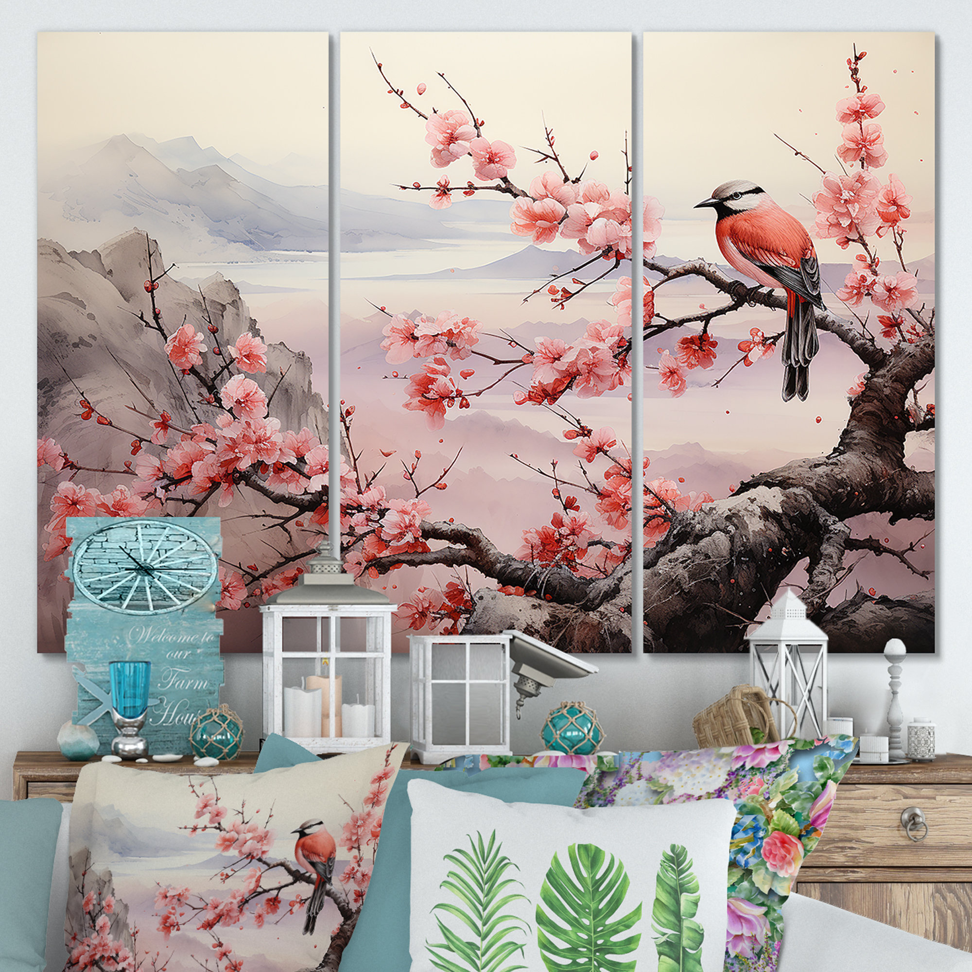Lark Manor™ Pink And Blue Birds On Cherry Blossom Tree I - Bird Wall ...