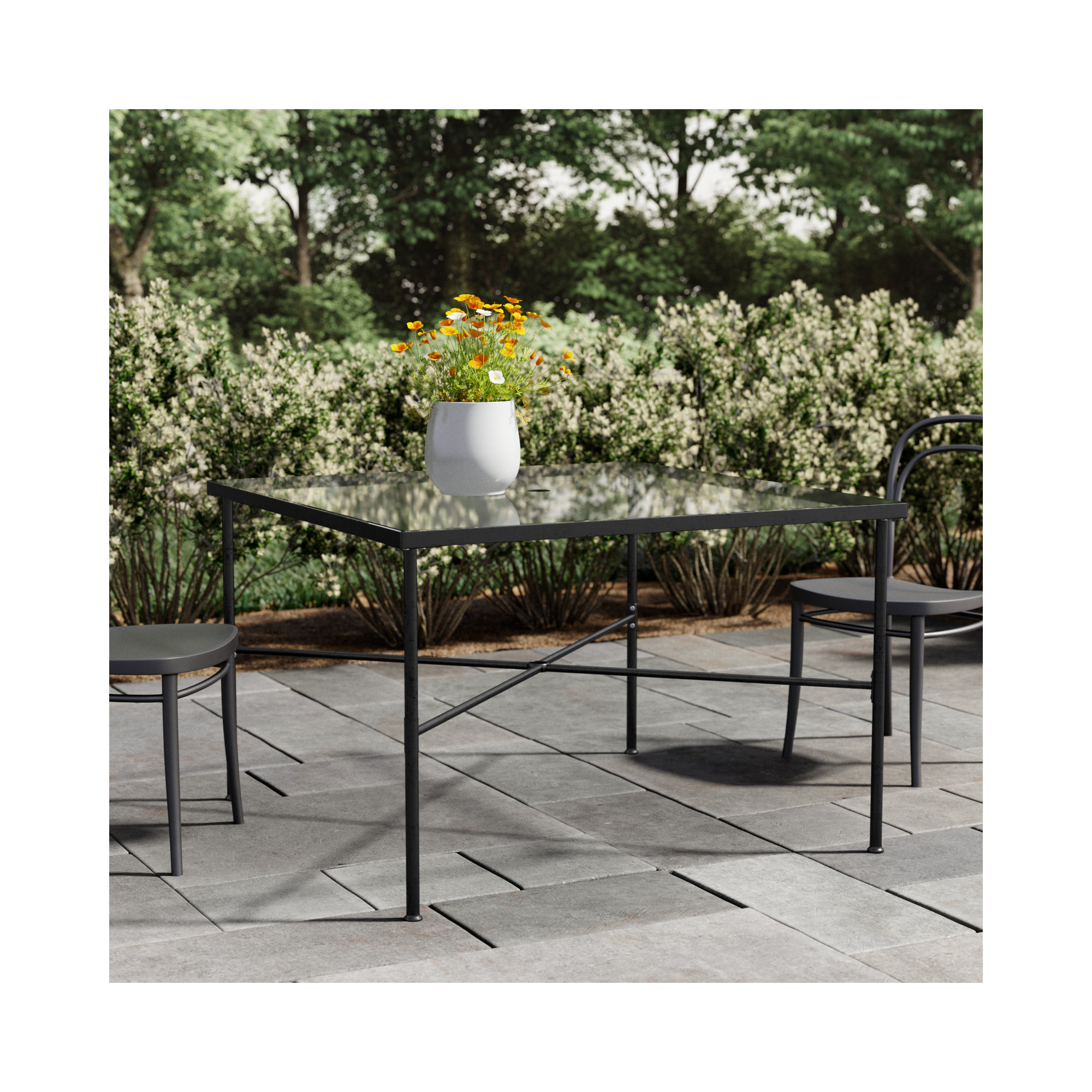 Lucier 84.06'' Glass Outdoor Dining Table, 29" H x 44" W x 44" L 