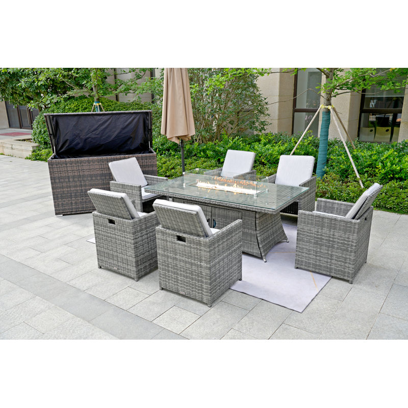 Luke Gas Fire Pit Dining Table Set, 6 Chairs, 4 Ottomans, A Storage