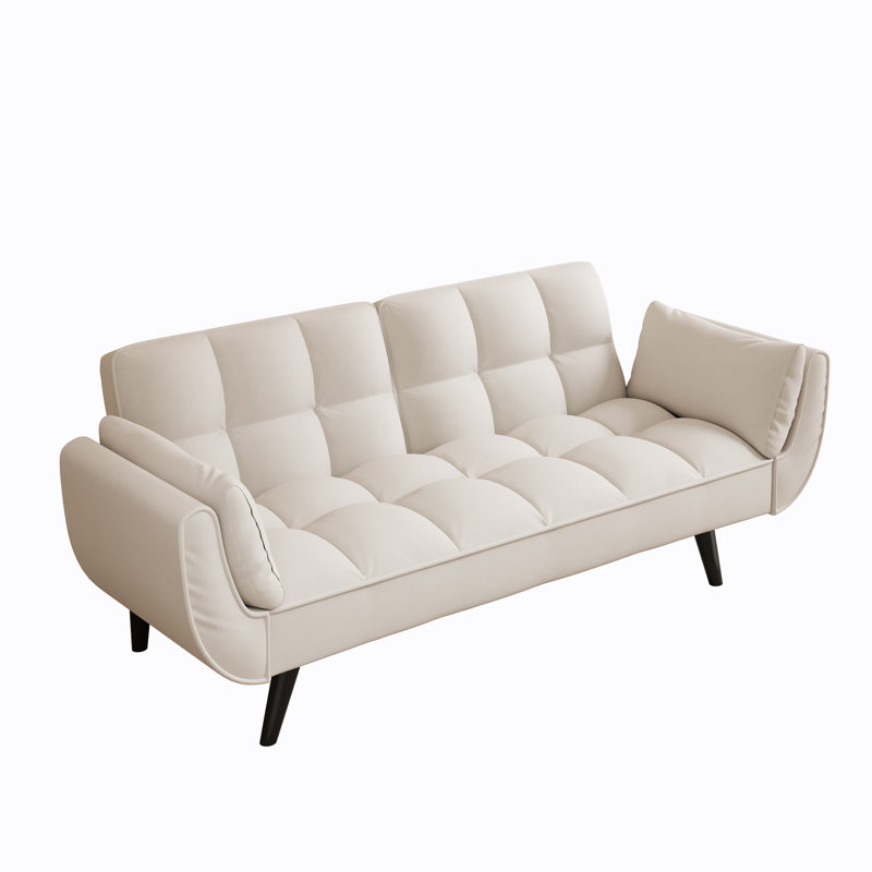 Kuebbing 74'' Velvet Tight Back Convertible Sofa, Beige Velvet