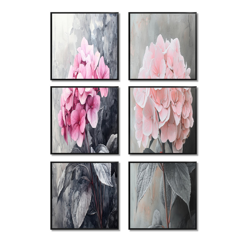 Doux hortensia rose en niveaux de gris - ensemble de 6 impressions murales florales, Impression encadrée sans passe-partout