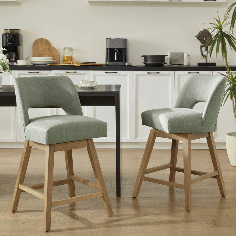  360° Swivel Bar Stools with Solid Wood Frame , Polyester Sage Green, Light Oak Finish