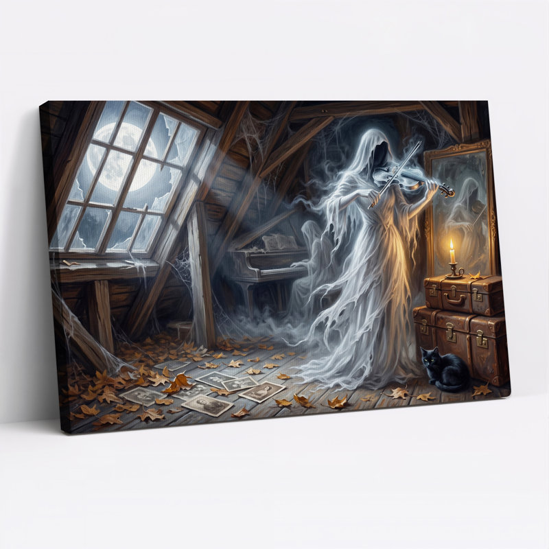 Toile fantôme jouant du violon dans un grenier au clair de lune avec Halloween noir, H 12 po x l 18 po