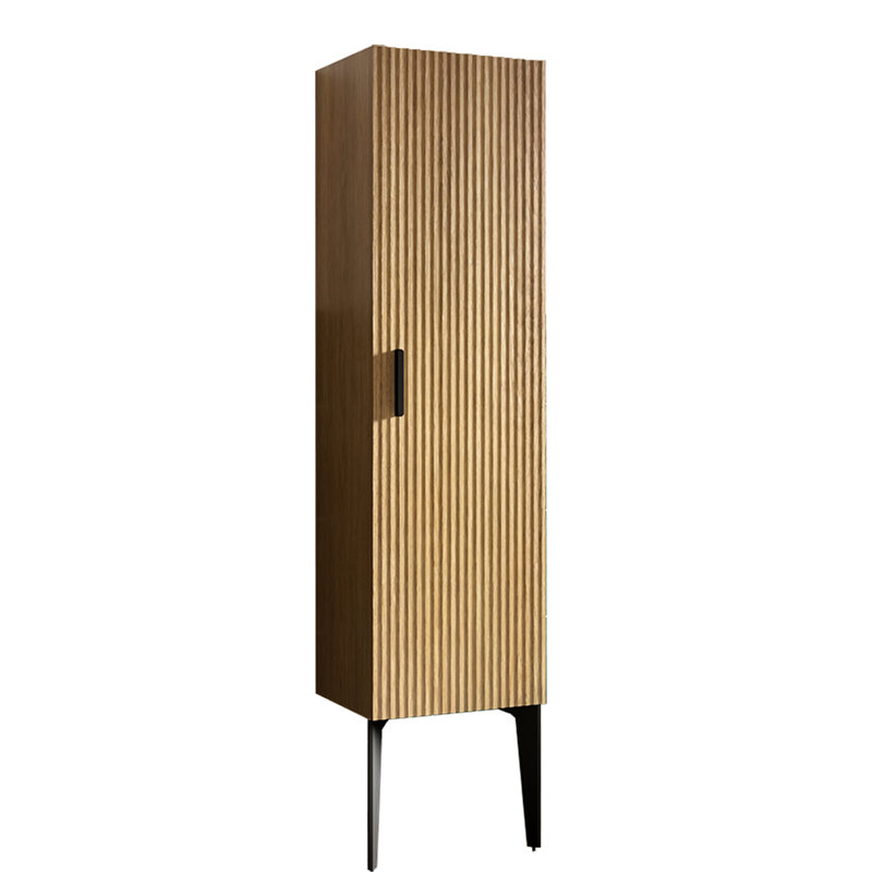 Armoire de salle de bain 14S, noir mat et rayé, conception autoportante moderne avec tablettes de rangement Pieds en métal stables Rayures attrayantes, robustes et pratiques