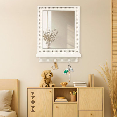 Miroir mural 16 po x 12 po à cadre mural en bois perlé avec tablette et 6 crochets, miroir d'entrée blanc avec rangement pour salle de lavage, salle de bain, chambre à coucher