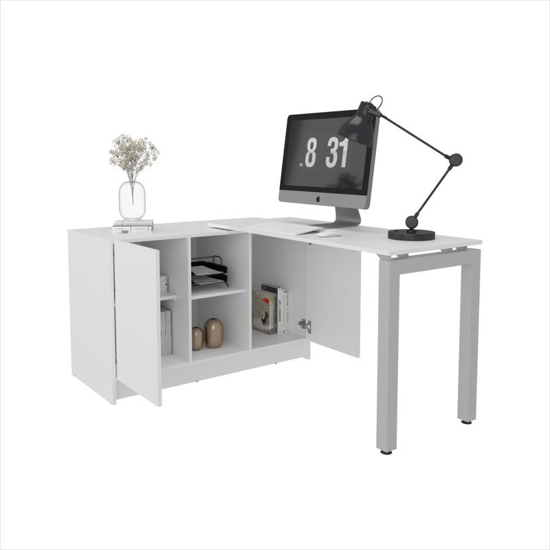 Bureau d'ordinateur rotatif réglable avec rangement, poste de travail à panneau de particules blanc de 72 pouces pour le bureau à domicile