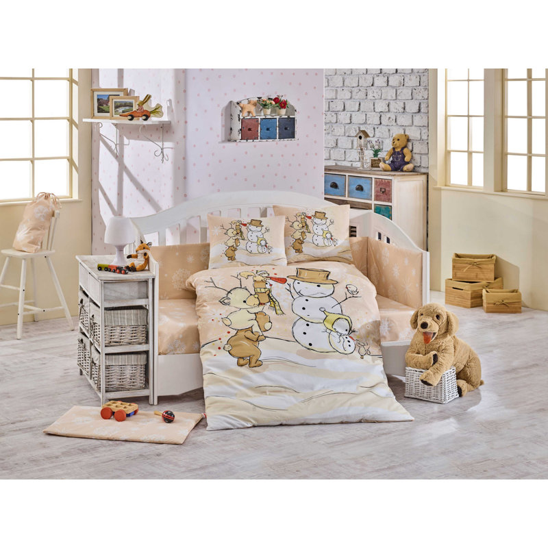 Ensemble de housse de couette 100% coton popeline pour bébé, chameau et blanc, 39,4 x 59,1 pouces | Comprend une housse de couette, un drap plat et 2 taies d'oreiller | Lavable à la machine, 152 fils, literie de chambre de bébé élégante et confortable