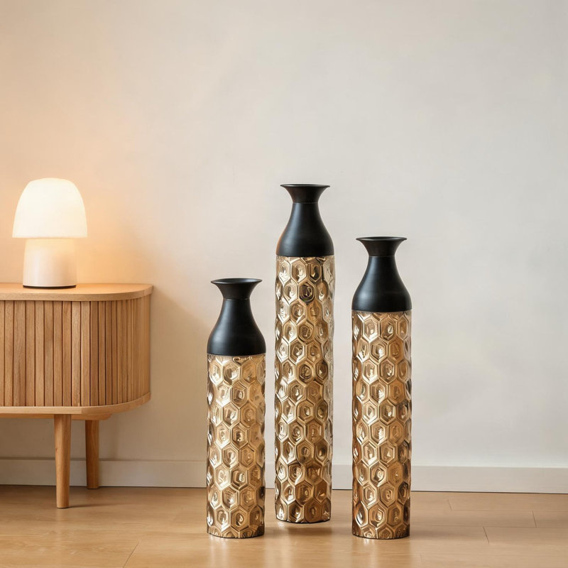 Ensemble de 3 vases de sol en aluminium avec cols entonnoir et finition noire élégante pour le salon de l'entrée