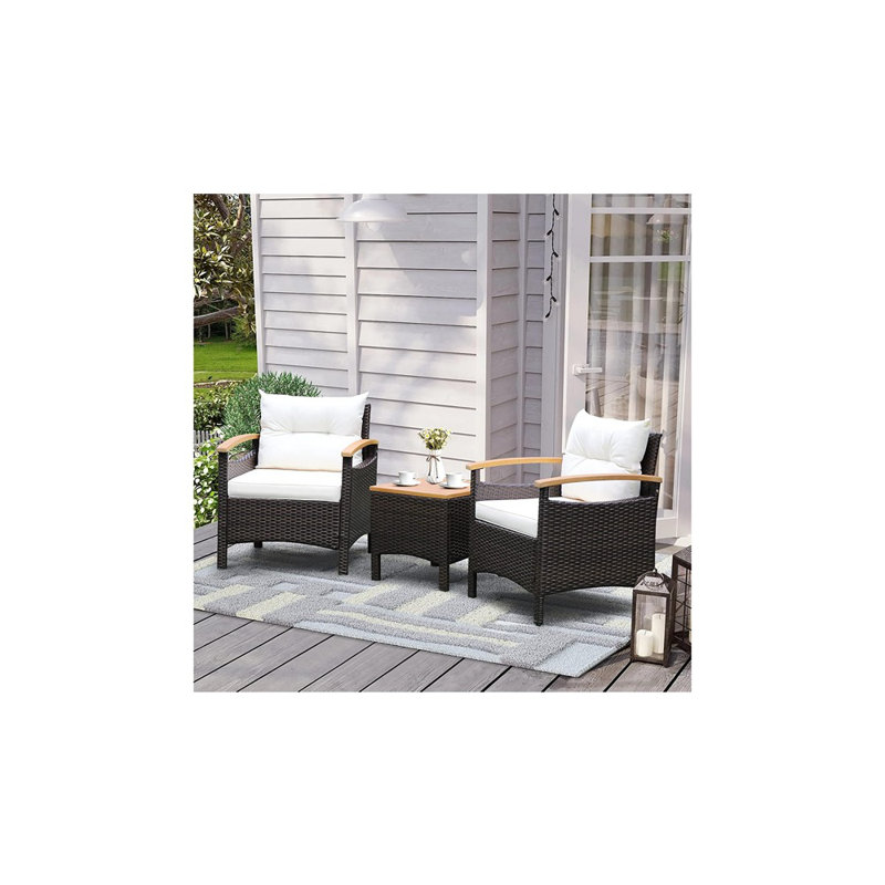 Ensemble de canapé d'extérieur en rotin Patiojoy - Ensemble de conversation avec table basse, coussins amovibles et accoudoirs en bois d'acacia, blanc cassé