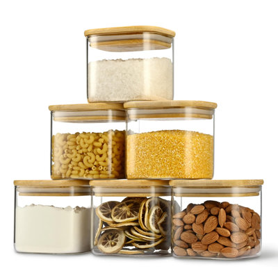 22 oz Airtight Square Spice Containers with Bamboo Lids, Set of 6 (650 ml) Kitchen Pantry Organizer Jars, Stackable Spice Jars