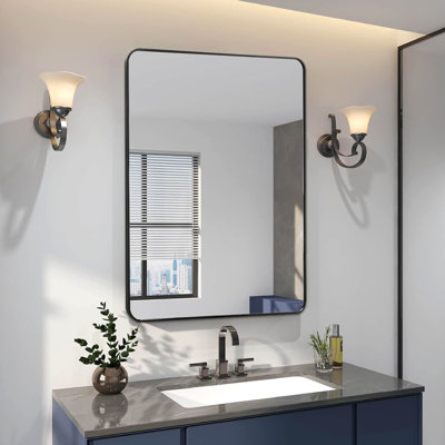 Miroir mural 24 po x 36 po noir pour salle de bain - verre de 4 mm de hauteur, cadre en métal rouillé, film, bris contemporain contemporain, installation simple