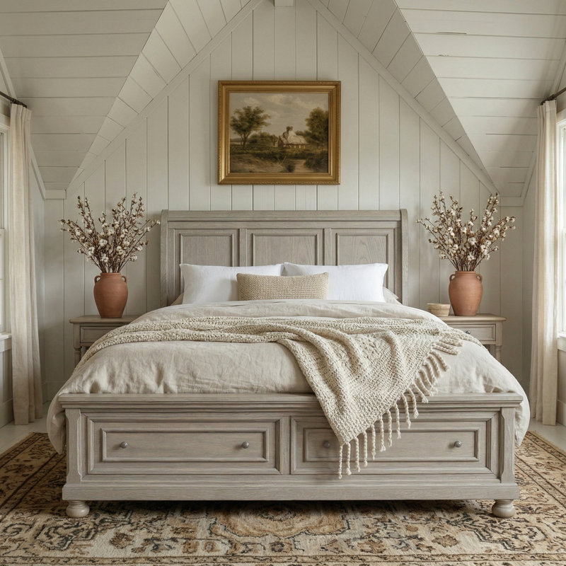 Lit plateforme avec rangement à 2 tiroirs, structure en bois avec tête de lit à panneaux, Gris antique, Très grand lit