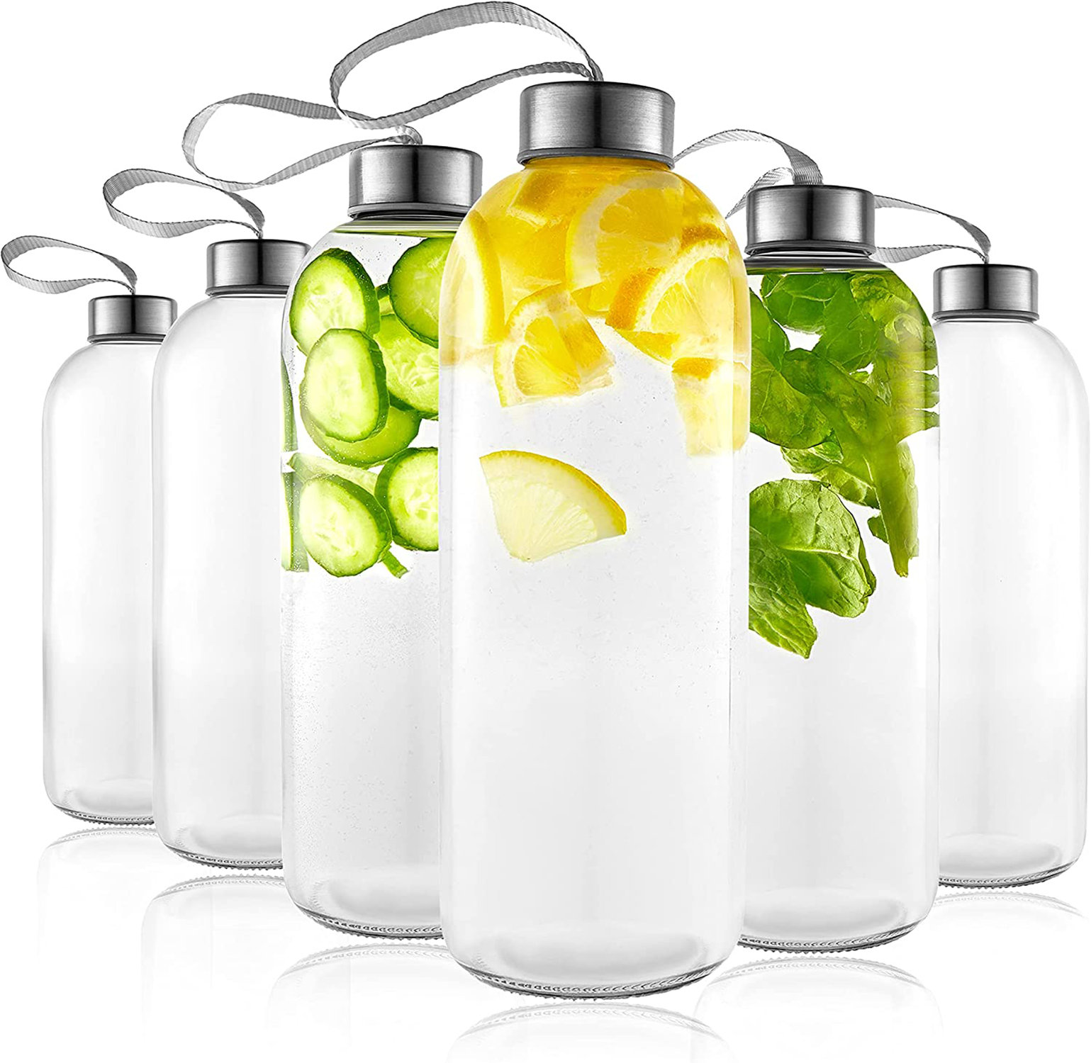 Kitchen Lux 16 Ounce Glass Water Bottles, Reusable Water Bottles with  Airtight, Pack of 4, Stainless Steel Lids Carrying Strap And Nylon Water  Bottle