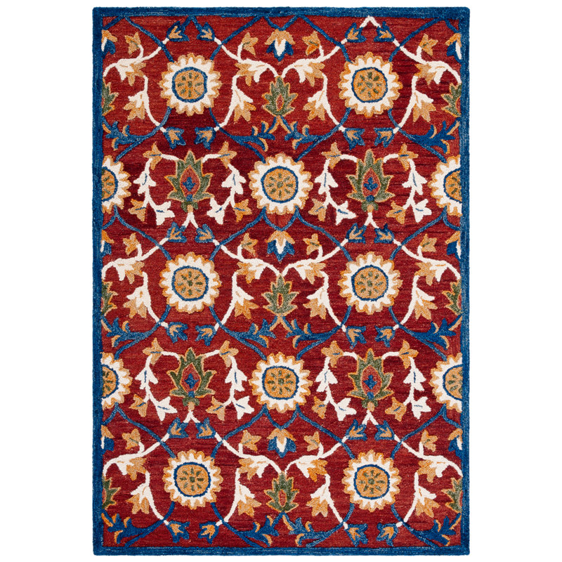 Blossom Hand Tufted Wool/Cotton Oriental Rug in Red/Blue/Beige, Rectangle 5' x 8'