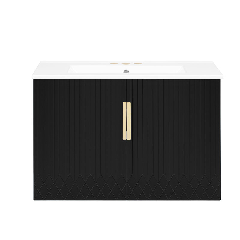 Meuble-lavabo de 30 po avec lavabo simple en céramique à 3 trous, conception murale en bois massif et tablette réglable facile à nettoyer dans l'armoire
