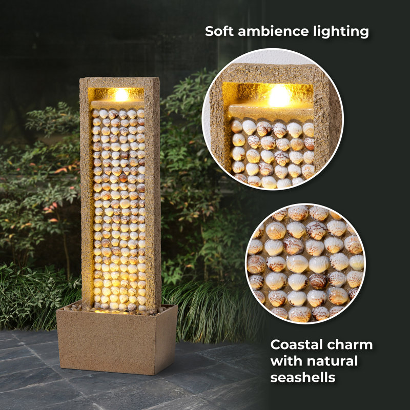 Outdoor Coastal-Style Water Fountain with Warm Glow Lighting & Pump For Patio/Garden, Seashells