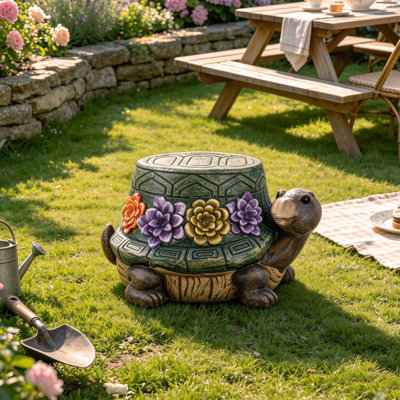 13.7'' Floral Turtle Garden Statue with Stool Function for Outdoor Decor