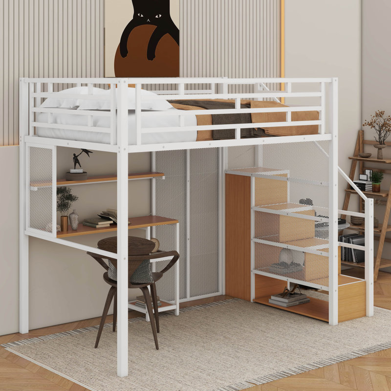 Lit mezzanine double en métal avec garde-robe, bureau et tablettes de rangement, Blanc
