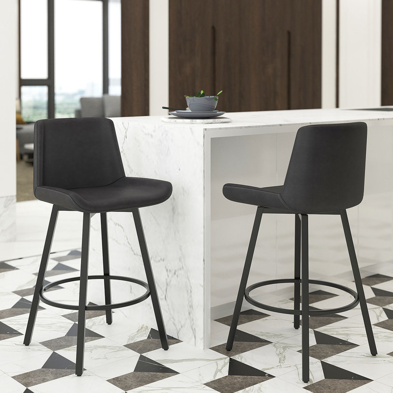Glazier Modern Faux Leather And Metal 26" Counter Stool With Swivel, Set Of 2 - Vintage Ivory And Black, Charcoal