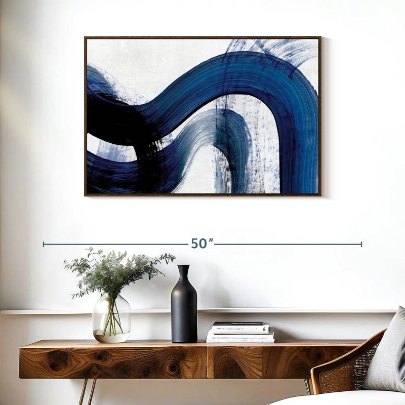 Blue Clota Curves, 37 po x 25 po, Cadre flottant en noyer