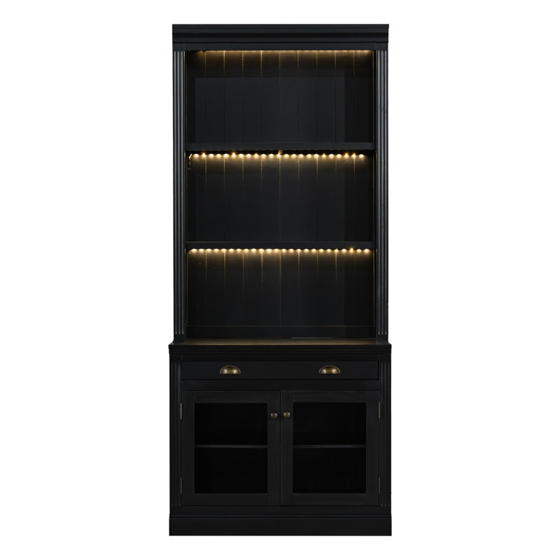 83.4"Tall Bookshelf Suite with LED Lighting, Modern Bookcases with Glass Doors and Drawers,2-Piece Set Storage Bookcase Suite with Open Shelves for Living Room,Home Office
